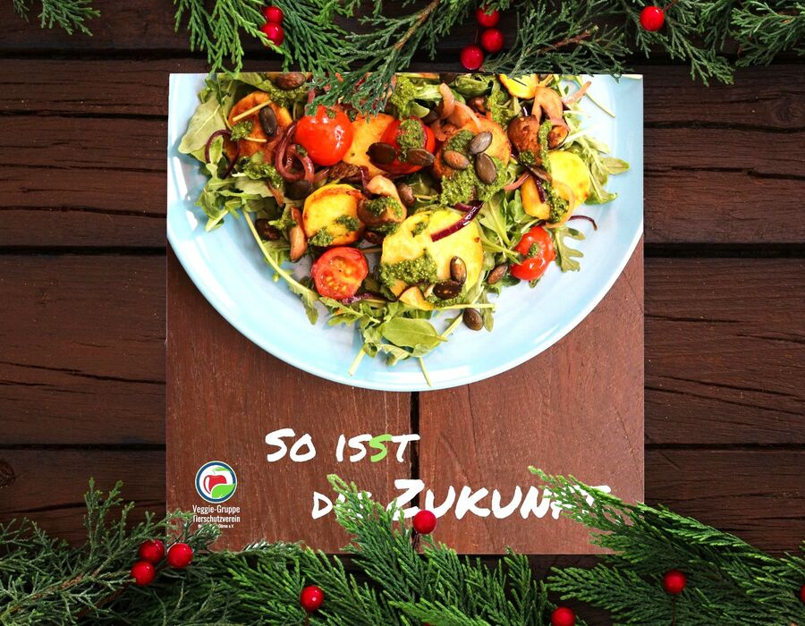 Das Cover des Kochbuchs auf einem Holztisch umrahmt von weihnachtlicher Tannen-Deko.