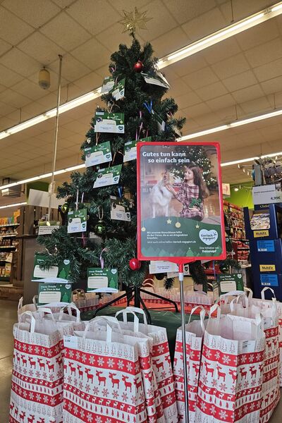 Ein mit Wunschkarten geschmückter Weihnachtsbaum und davor angeordnet Geschenktüten und ein Poster.