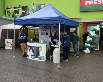 Infostand des Tierschutzvereins unter blauem Zelt links neben dem mit Ballons geschmückten Eingang zum Fressnapf-Markt.