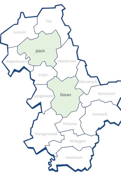 Zeichnung einer Karte vom Kreis Düren auf der die Städte Jülich und Düren in hellblauer Farbe hervorgehoben sind.