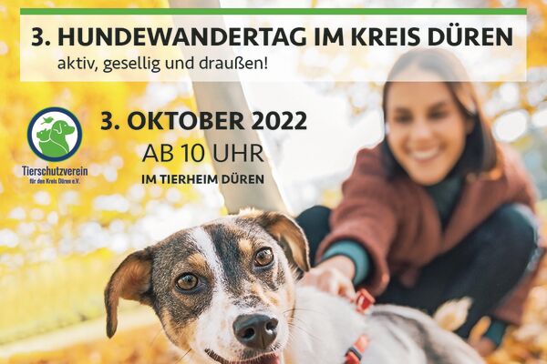 Das Poster zum Hundewandertag 2022 mit Text und dem Foto einer Frau mit Hund an der Leine im Herbstlaub.