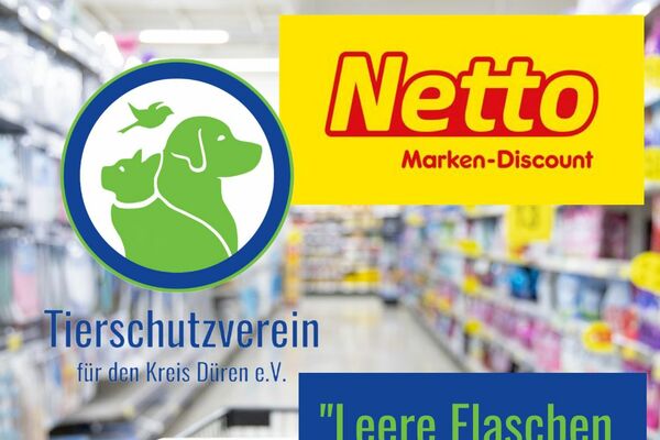 Eine Collage aus dem Netto-Logo, dem Logo des Tierschutzvereins und Aufschrift. Hinten verschwommen ein Supermarktgang mit Einkaufswagen.