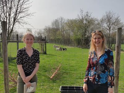 Lisa Krumm (links) und Reineke Hameleers auf dem Tierheimgelände. Im Hintergrund Schafe.