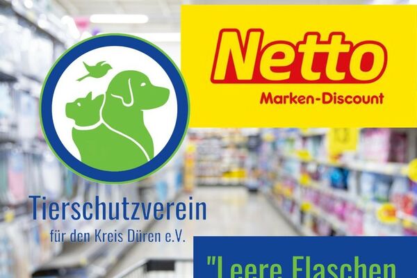 Eine Collage aus dem Netto-Logo, dem Logo des Tierschutzvereins und Aufschrift. Hinten verschwommen ein Supermarktgang mit Einkaufswagen.