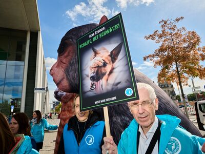 Ein überlebensgroßes Tiermodell und einige Demonstranten mit teils Plakaten