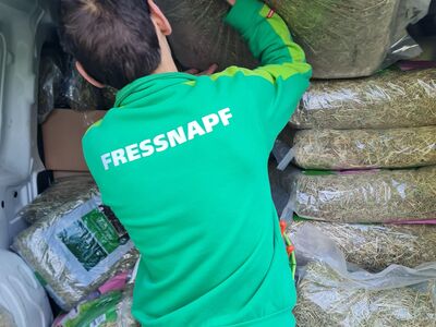 Ein Fressnapf-Mitarbeiter kniet in einem Caddy und verstaut Pakete mit Einstreu. Sichtbar ist der Rücken des Mannes, dessen grüner Pulli die Aufschrift "Fressnapf" trägt. von hinten fotog